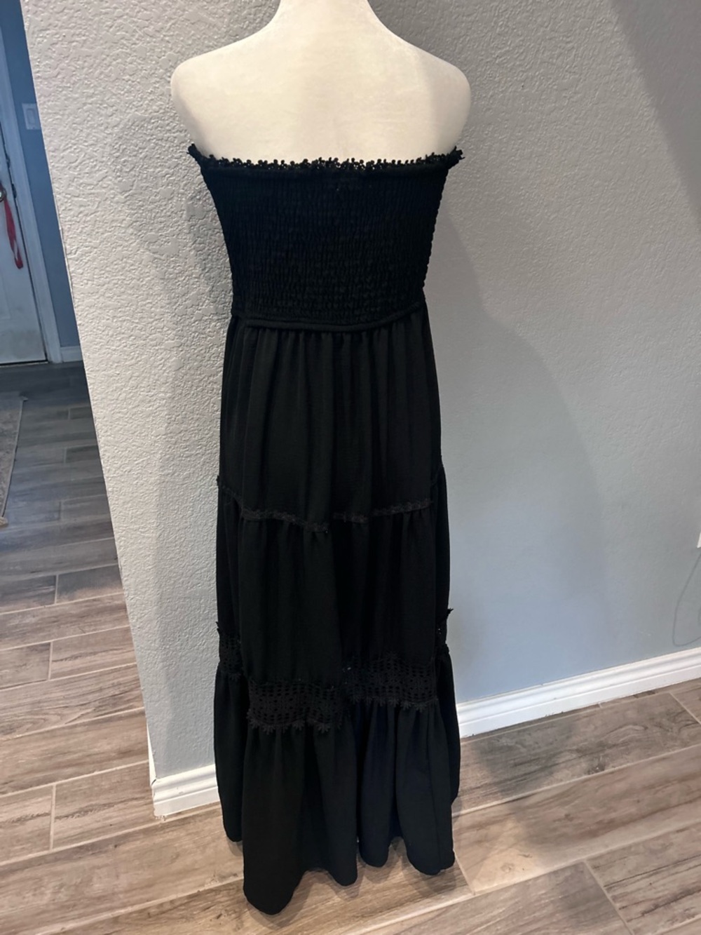 Strapless Black Smocked Maxi Dress with Tiered Skirt